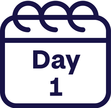 Navy blue icon of a calendar with 'Day 1' text on a white background