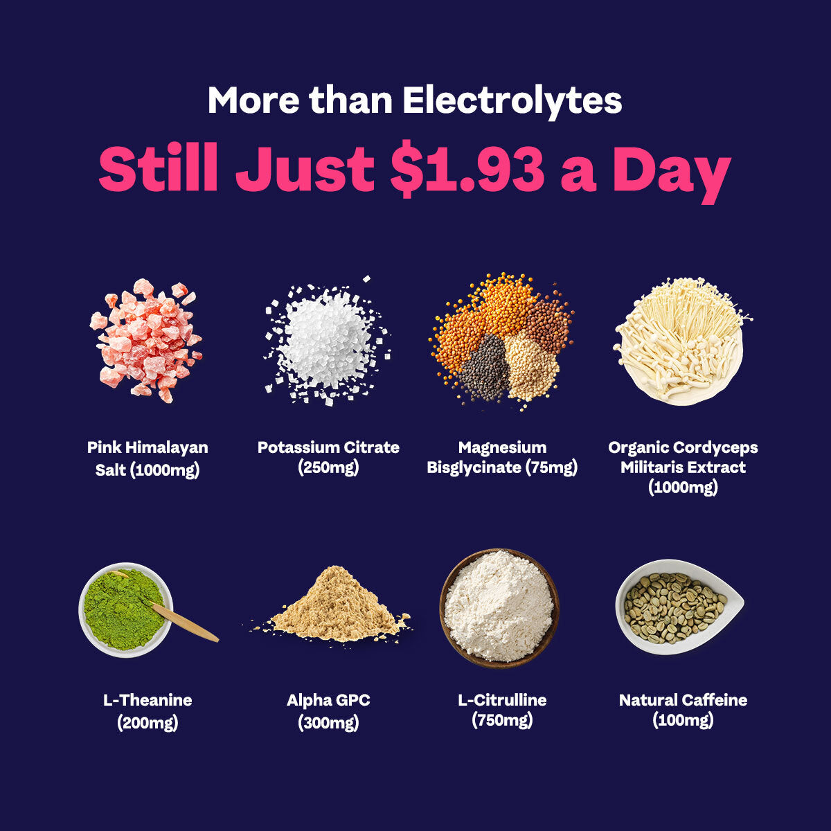 Vibras supplement ingredients with their names and quantities on a dark blue background, showing $1.93 price per day