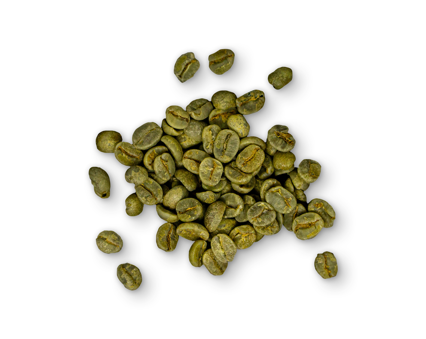 Pile of green coffee beans on a white background