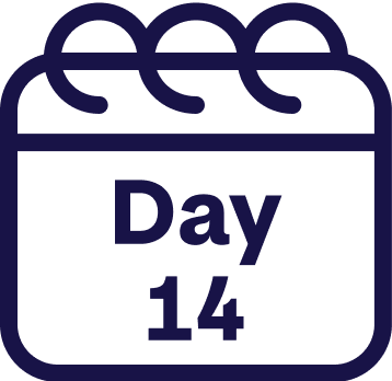 Navy blue icon of a calendar with 'Day 14' text on a white background