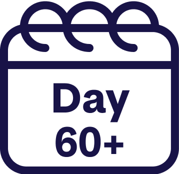 Navy blue icon of a calendar with 'Day 60+' text on a white background