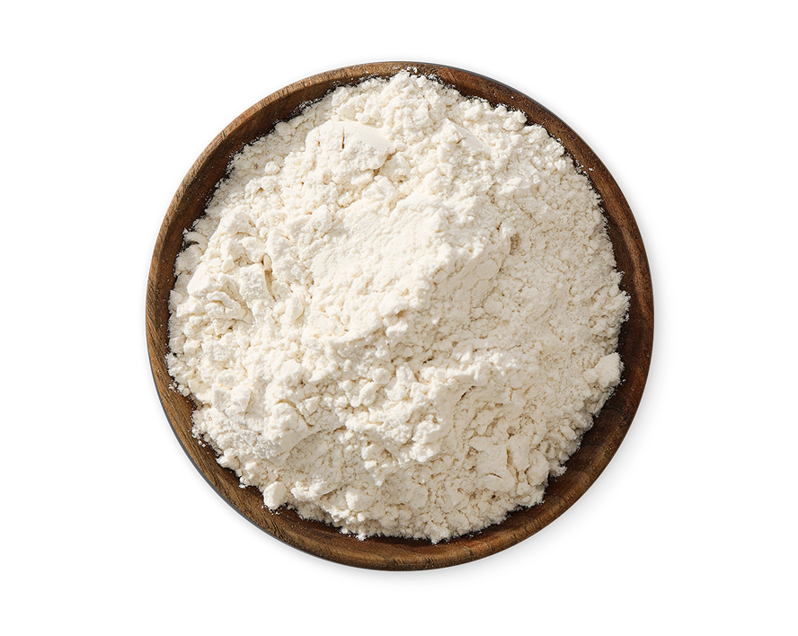Wooden bowl filled with l-citrulline powder on a white background