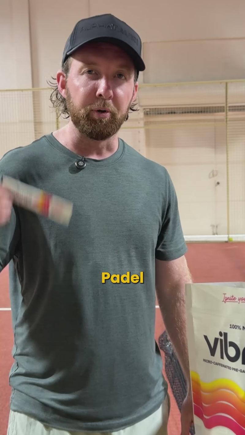 A man inside a racket sports facility talks about padel as the fastest growing sport and Vibras as the supplement for it