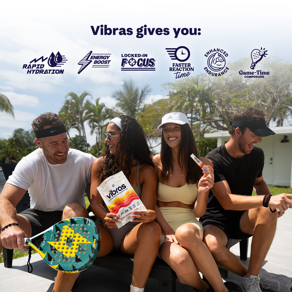 Four people sitting outdoors, holding 'Vibras' products with brand benefits listed above.